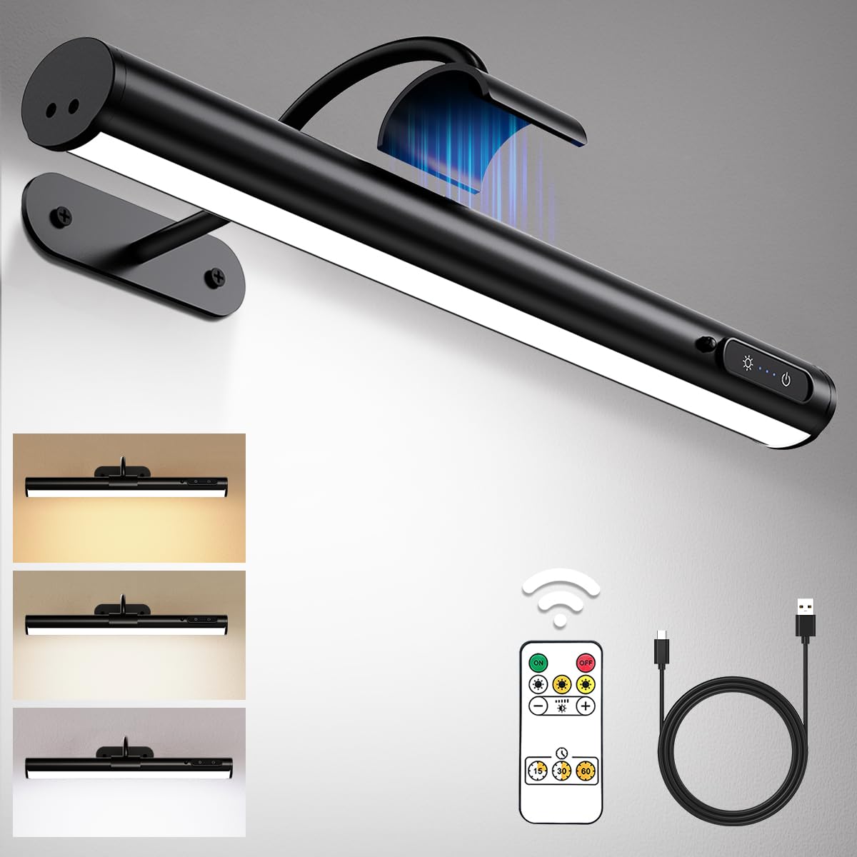 Hapfish picture light on wall, battery-operated for flexible art illumination.