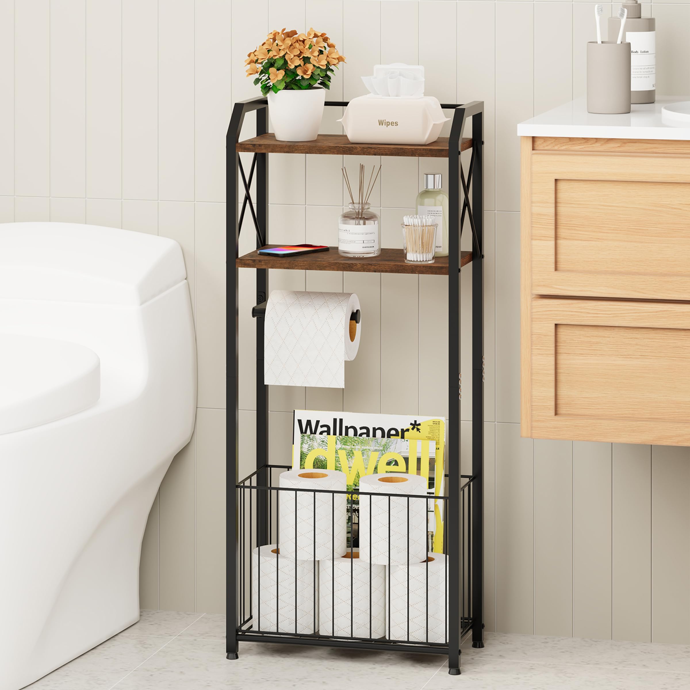 HapiRm freestanding toilet paper holder with wood shelves for organized bathroom storage