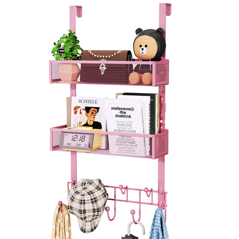 HapiRm over-the-door hanger with pink hooks and baskets for clutter control