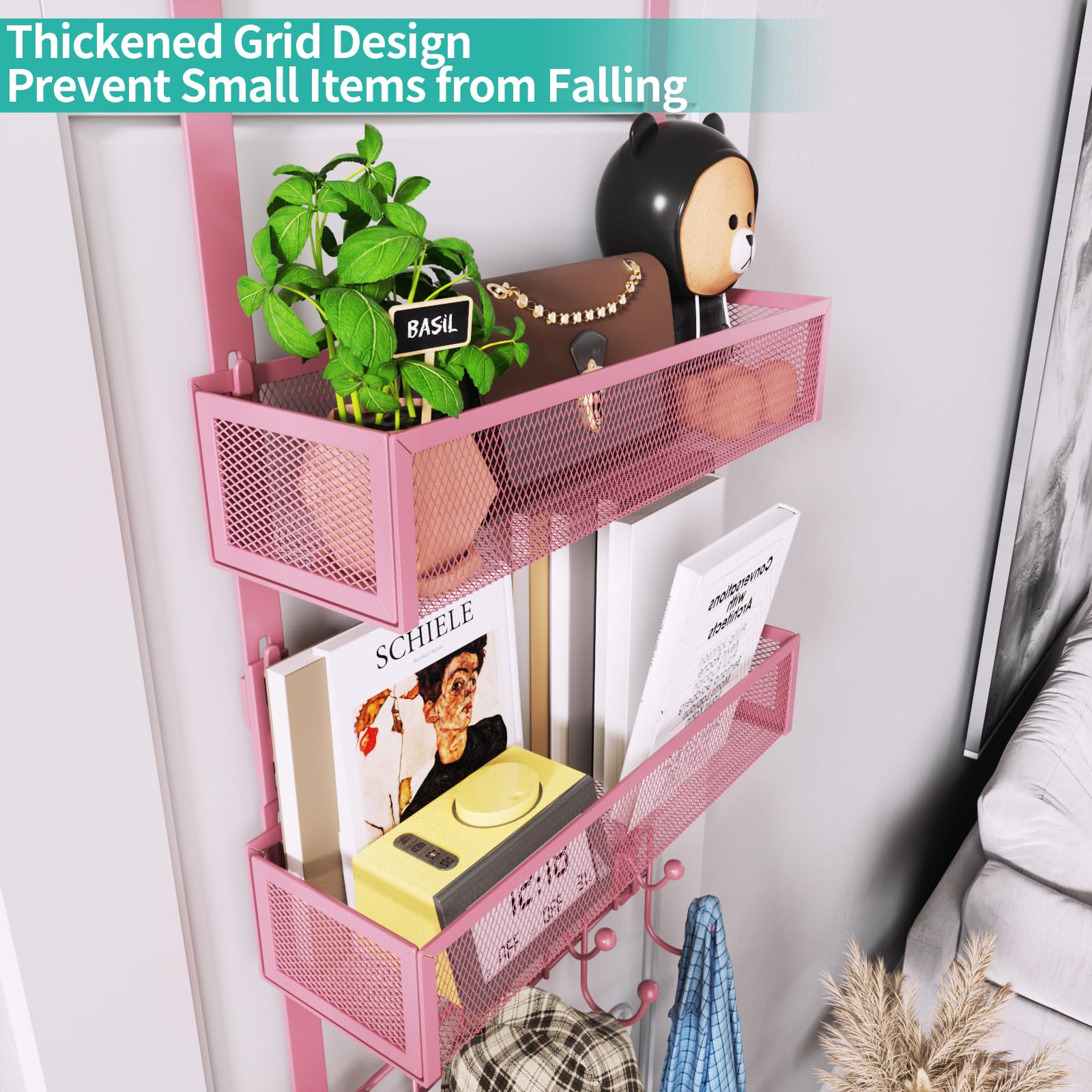 HapiRm pink finish coat hooks with two baskets for storage