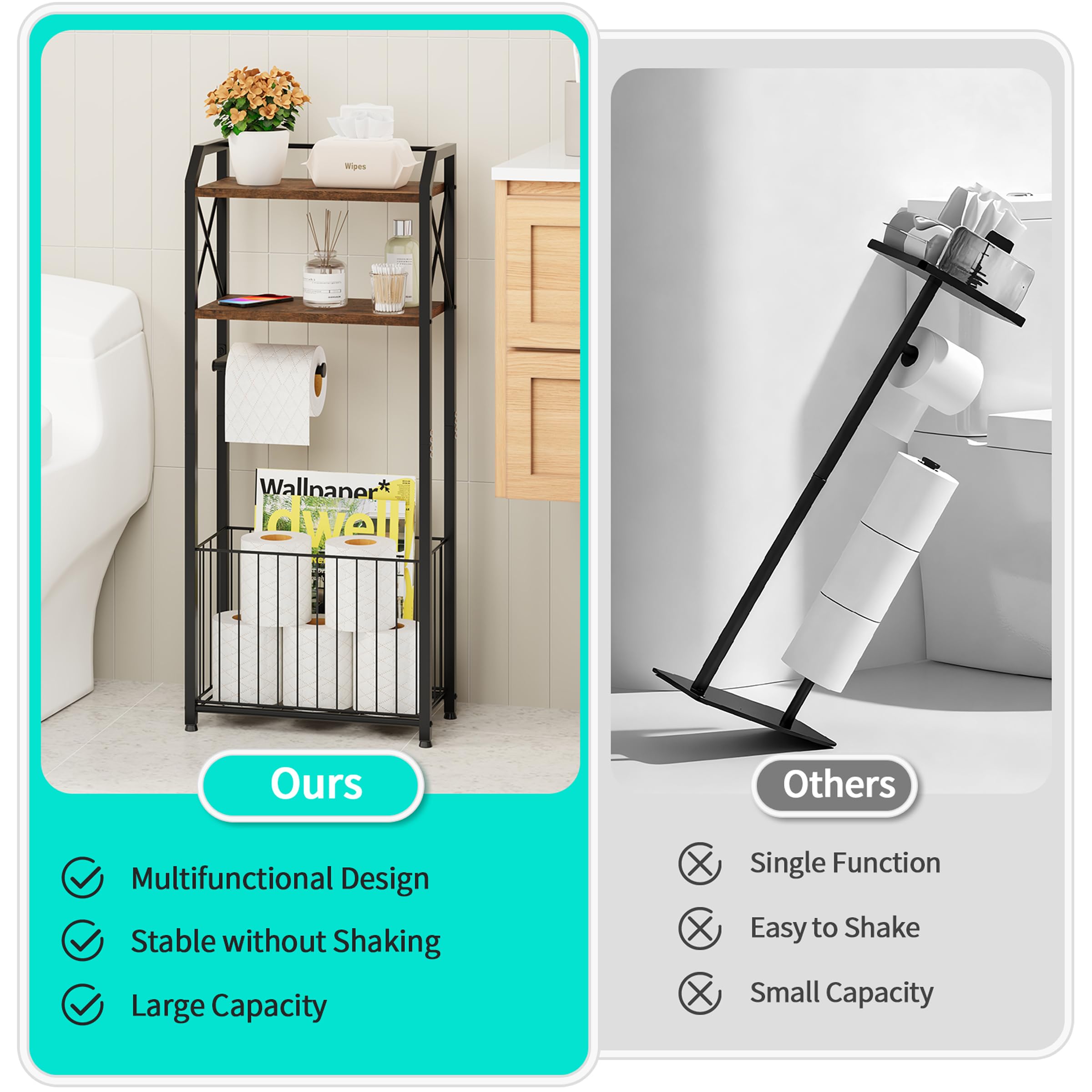 Durable metal and wood construction supports long-term bathroom storage