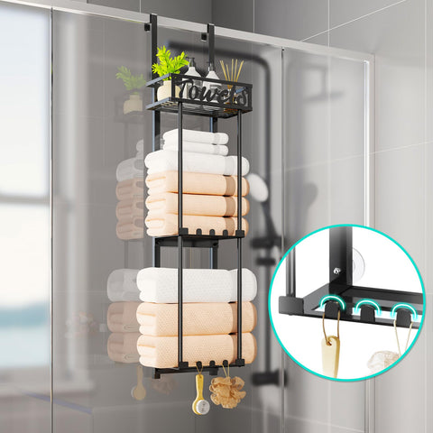 HapiRm towel rack with metal shelf provides sturdy, accessible storage.