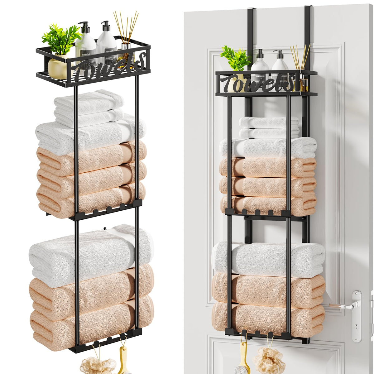 HapiRm towel rack over door design saves space and keeps towels within reach.