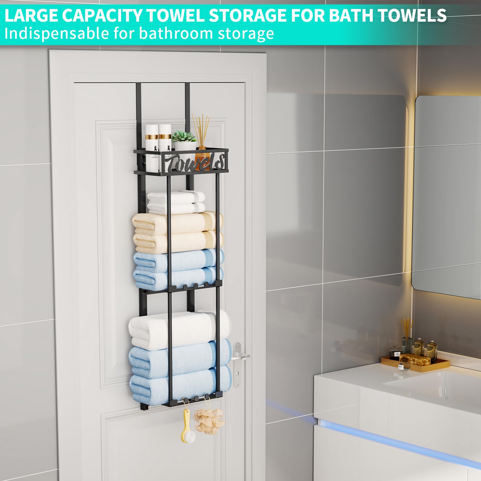 HapiRm three-tier towel rack holds bath and beach towels neatly.