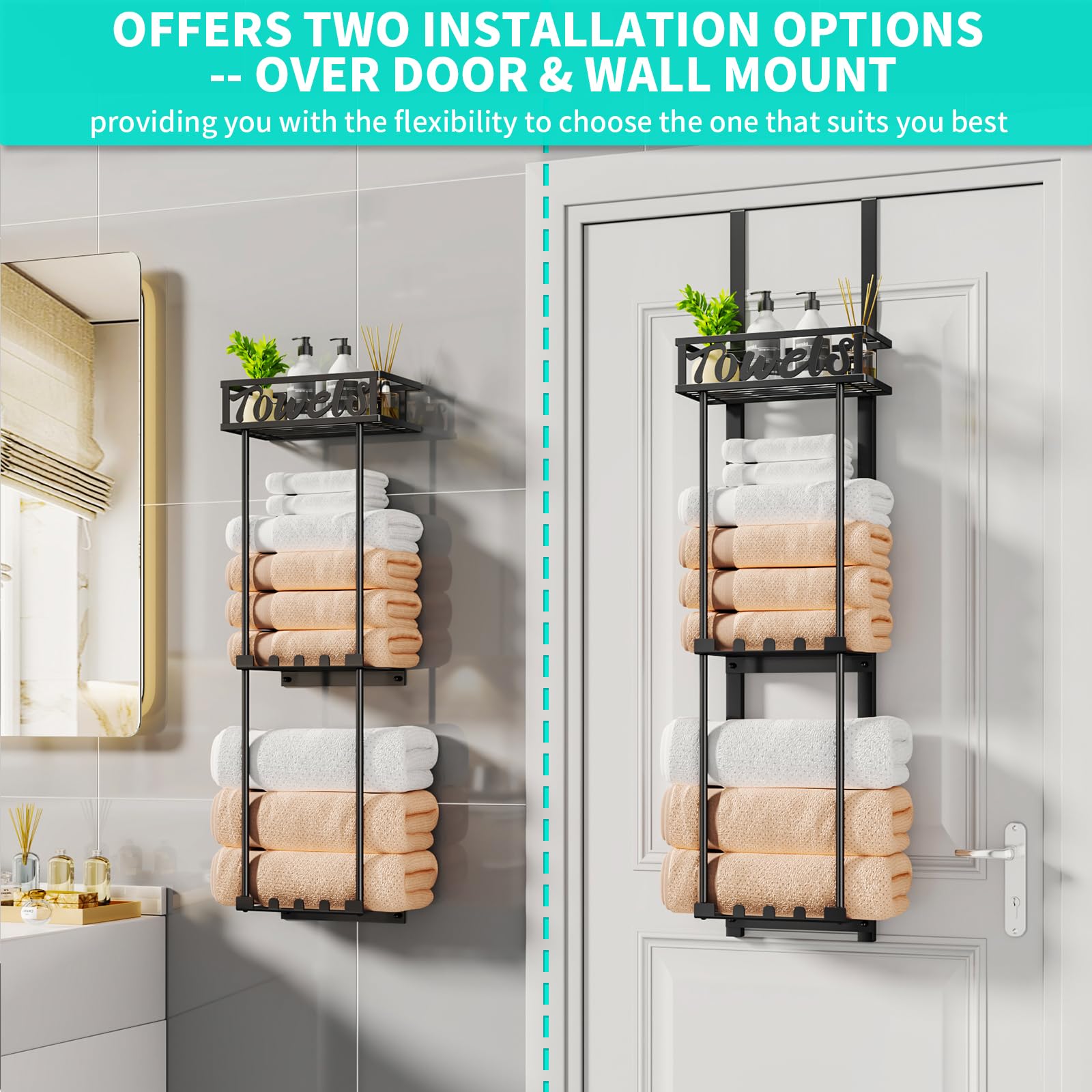 HapiRm towel rack wall-mounted with layered shelves for organized towels.
