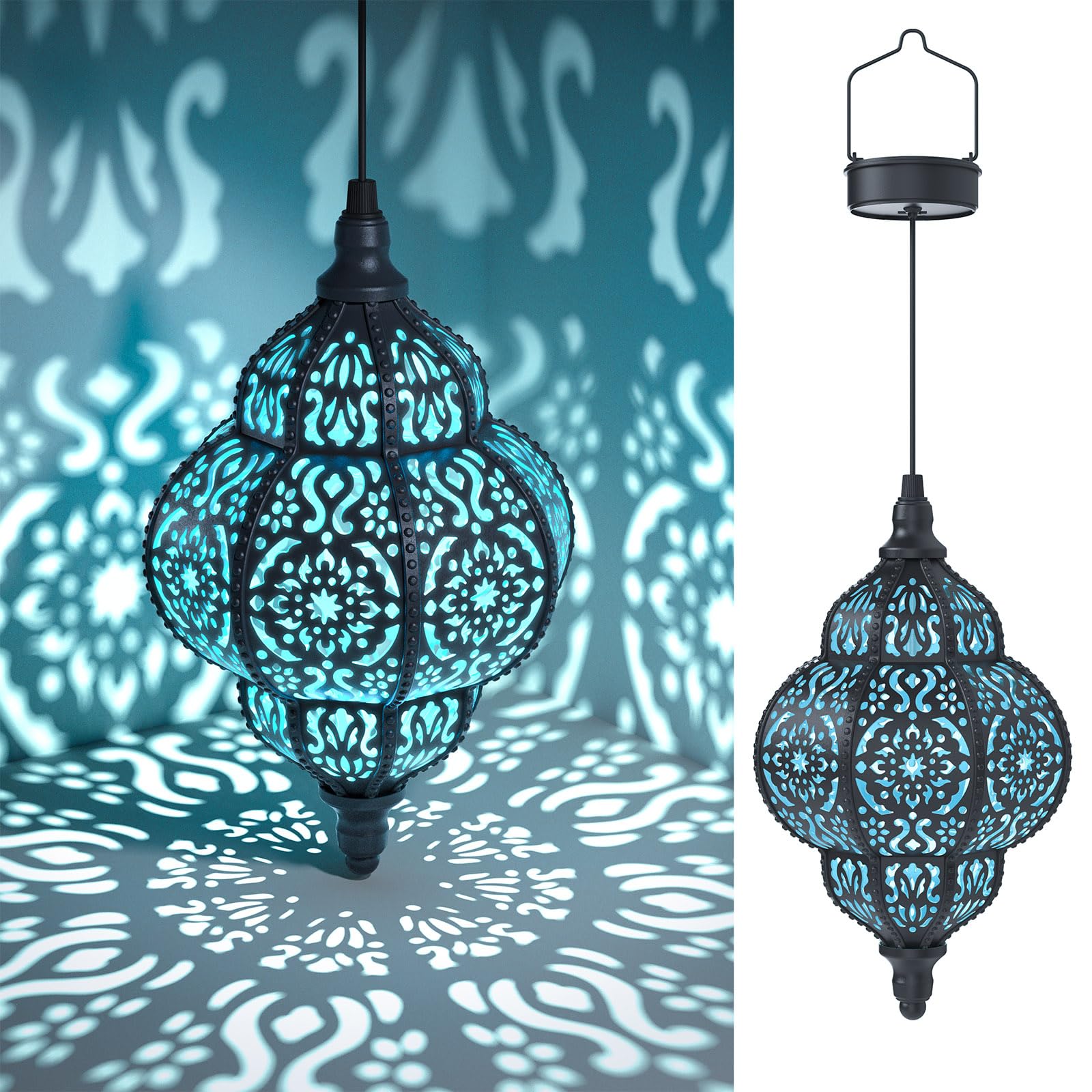 Hapjoy pattern projection for hanging solar lights enhances evening ambience along pathways.