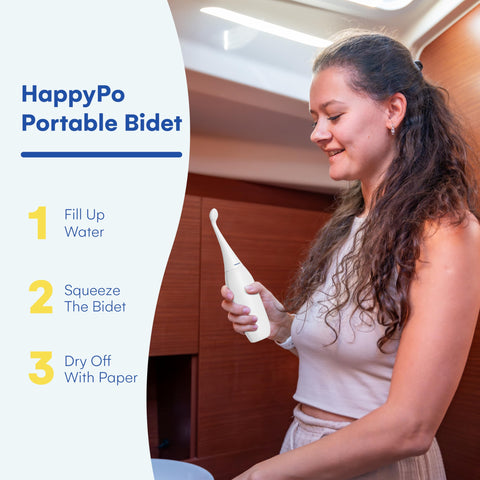 HappyPo handheld bidet sprayer delivers gentle water-based cleansing anywhere.