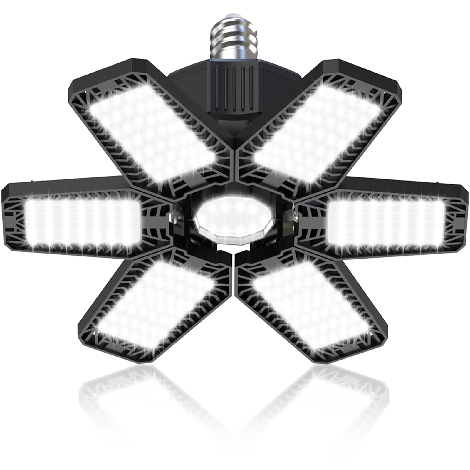 HAPYLUMI LED garage light with six deformable panels offering broad workshop illumination