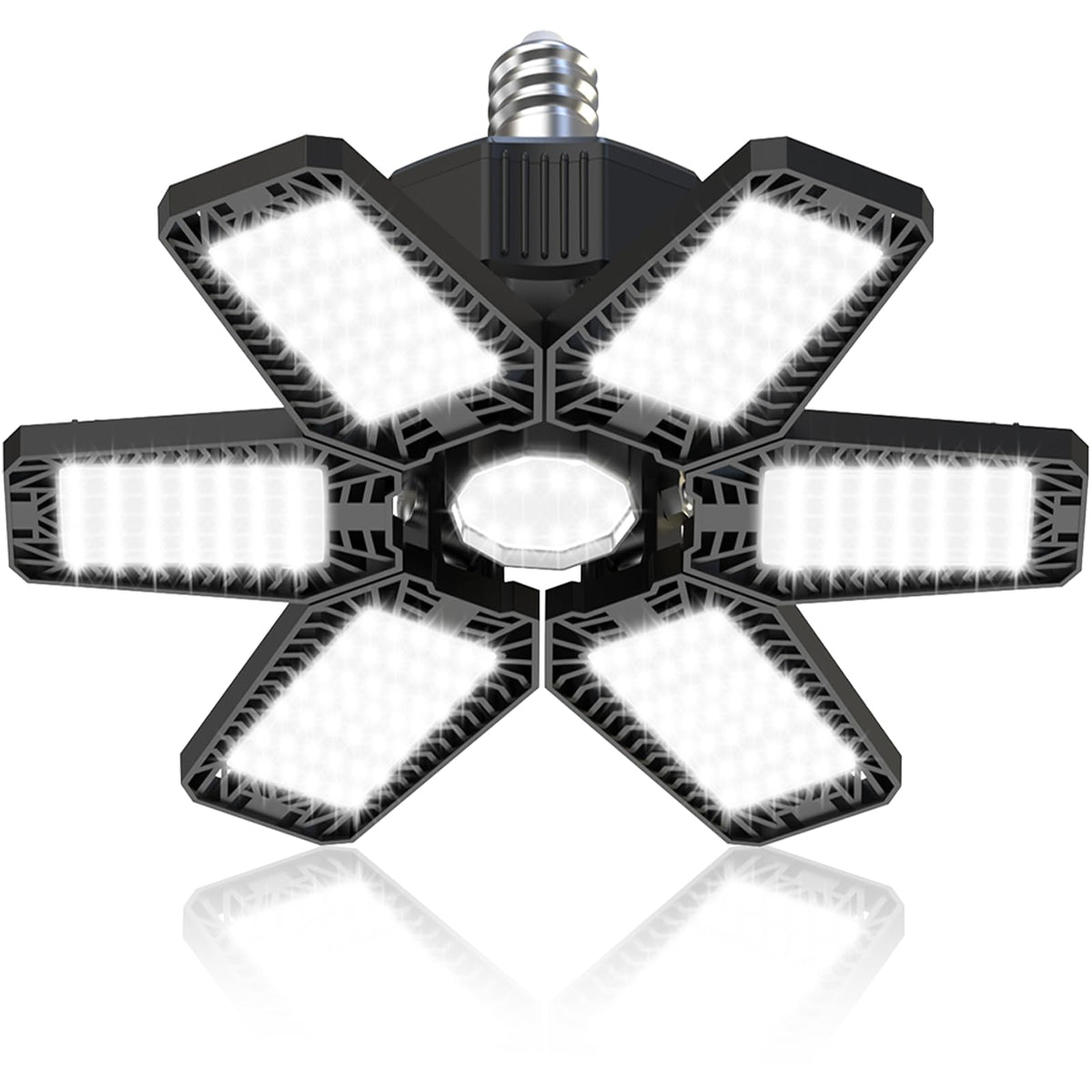 HAPYLUMI LED garage light with six deformable panels offering broad workshop illumination