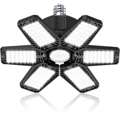 HAPYLUMI LED garage light with six deformable panels offering broad workshop illumination