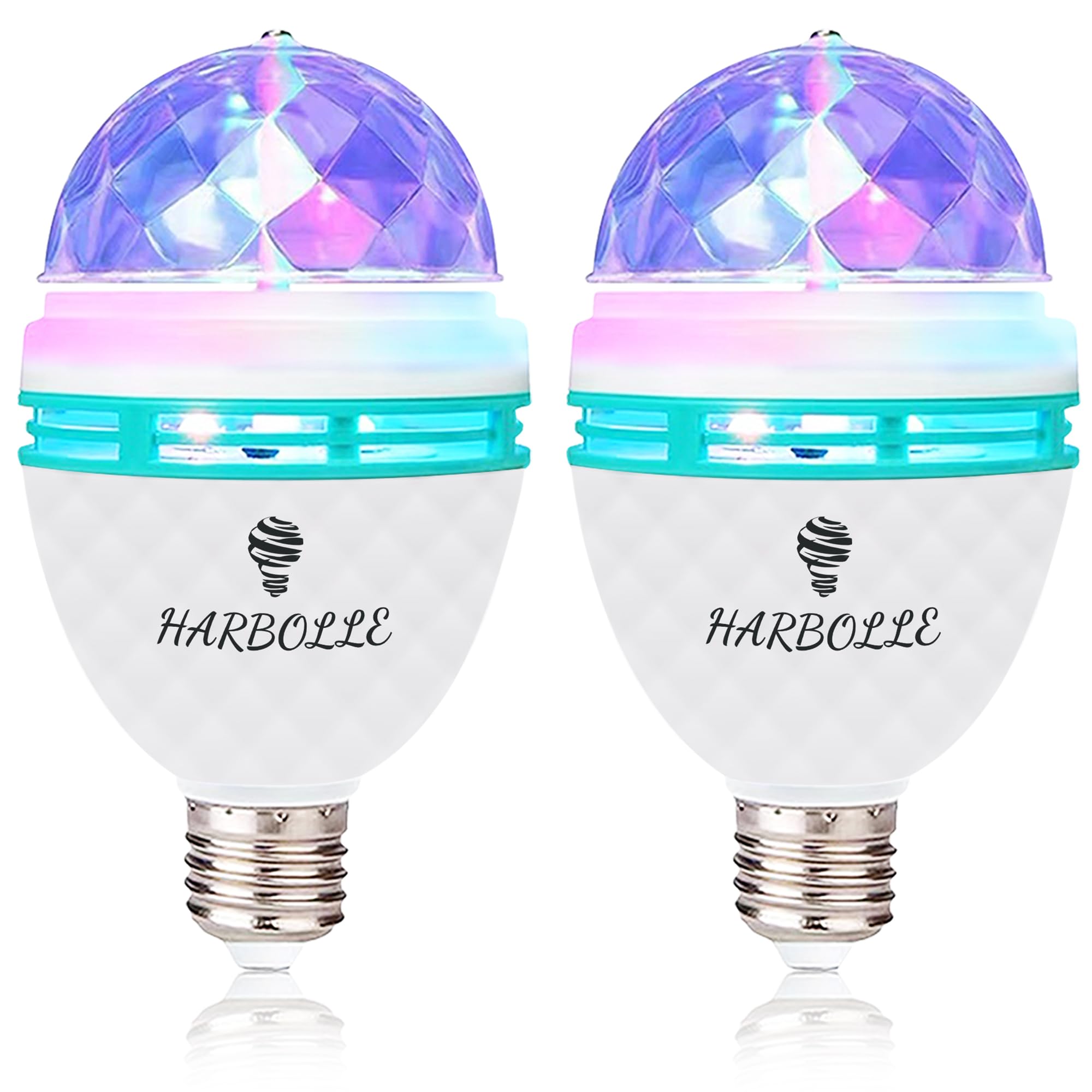 Harbolle 2-pack RGB rotating bulb illuminates a living room with disco-style color