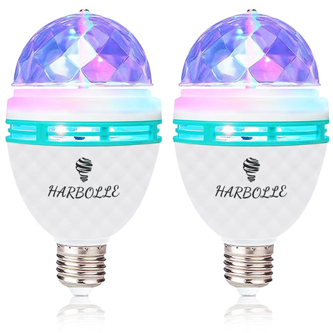 Harbolle 2-pack RGB rotating bulb illuminates a living room with disco-style color