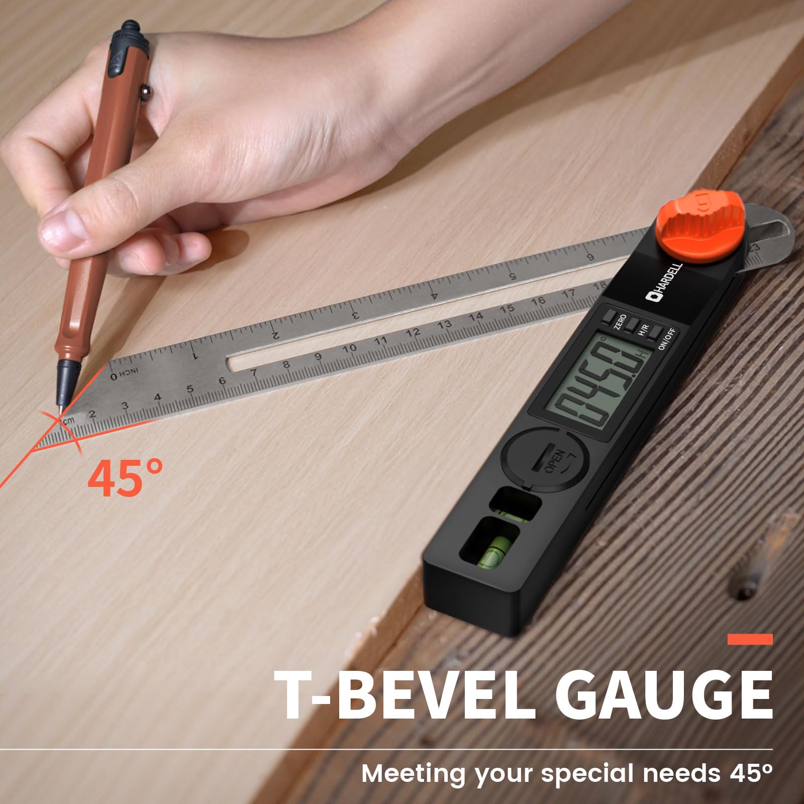 HARDELL Digital Angle Finder with preset angle options accelerates common layouts.
