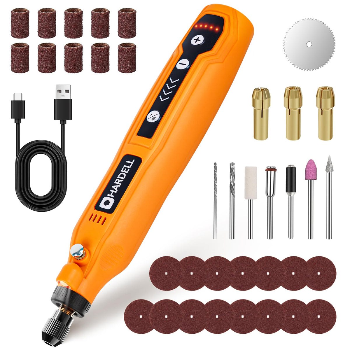HARDELL mini cordless rotary tool with LED light illuminates tight spots for precise work.