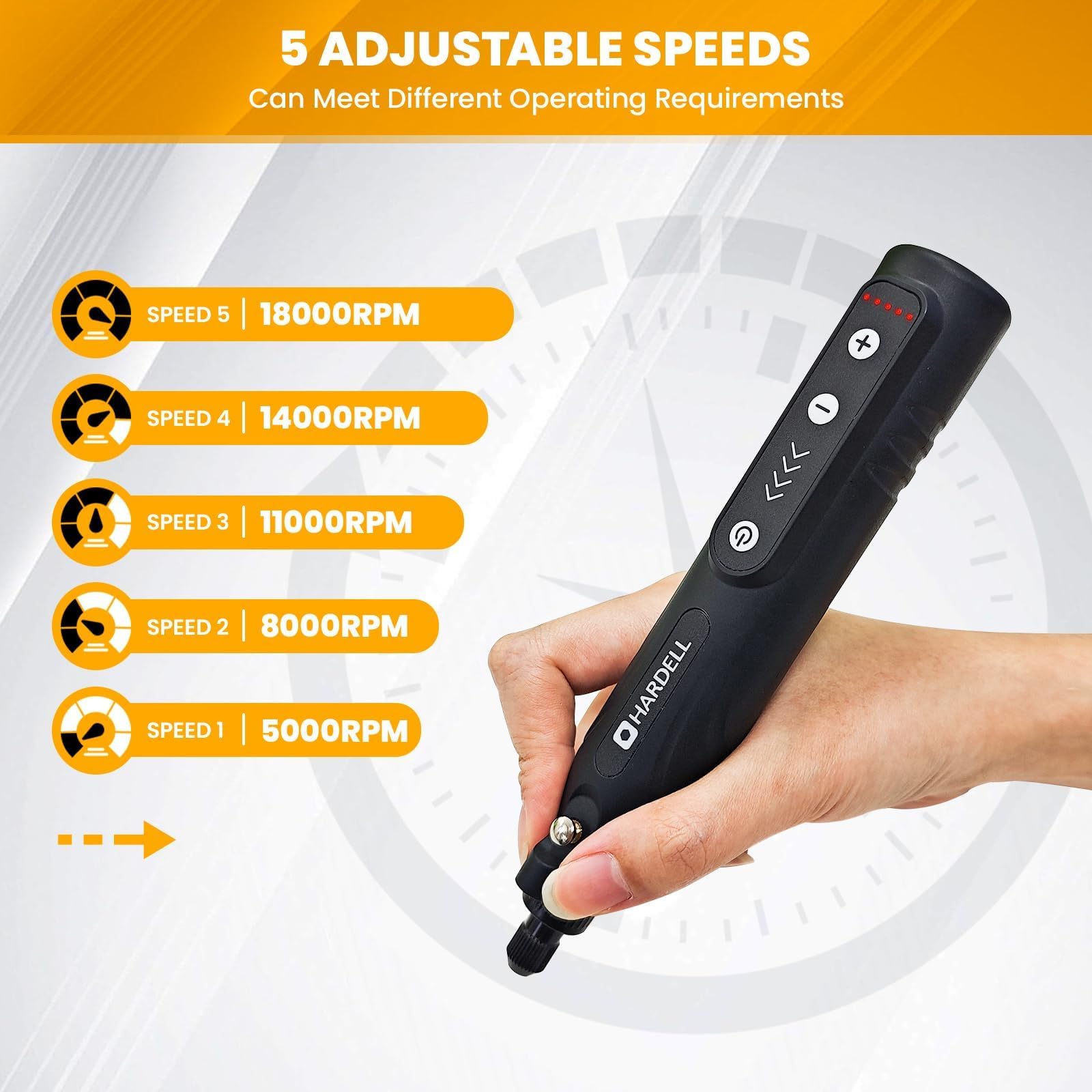 HARDELL 5-speed control enables versatile detail work on various materials.