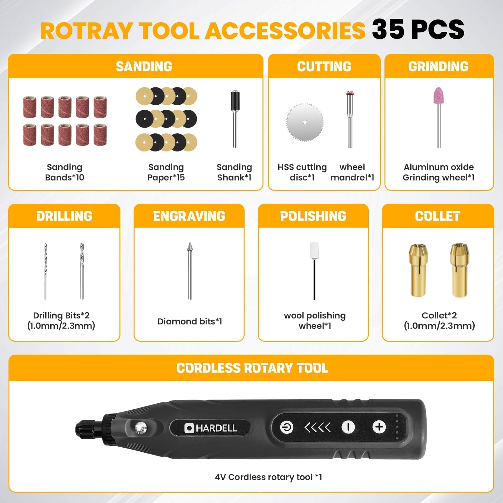 Includes 1.0mm and 2.3mm chucks for versatile tasks.