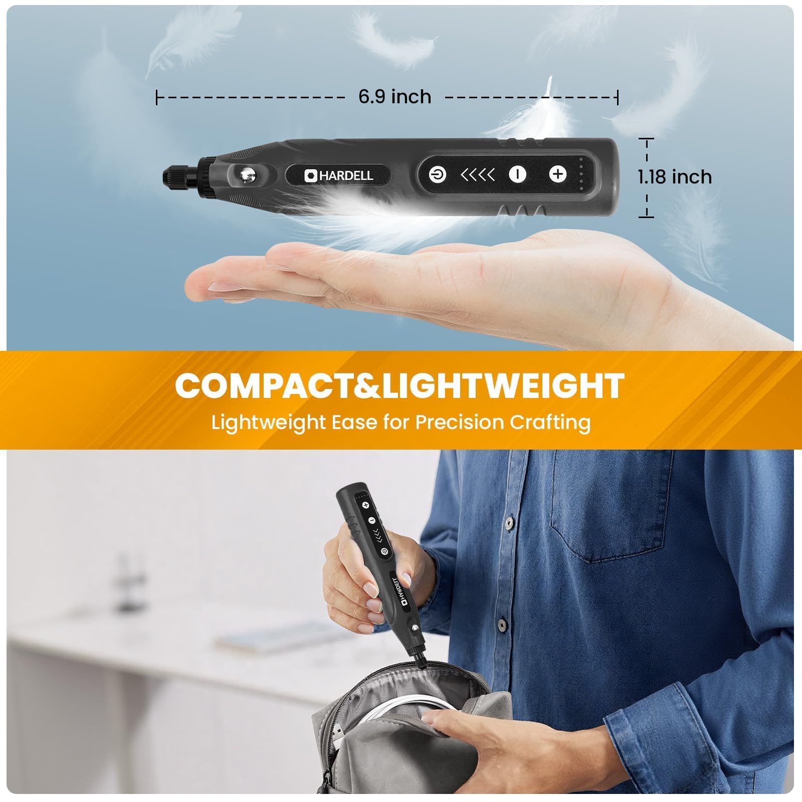 Ergonomic grip reduces hand fatigue during extended sanding and engraving.