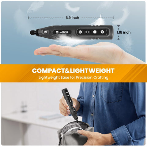 Ergonomic grip reduces hand fatigue during extended sanding and engraving.