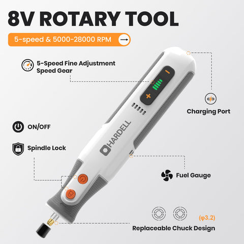HARDELL rotary tool showing 5-speed control for versatile material finishing