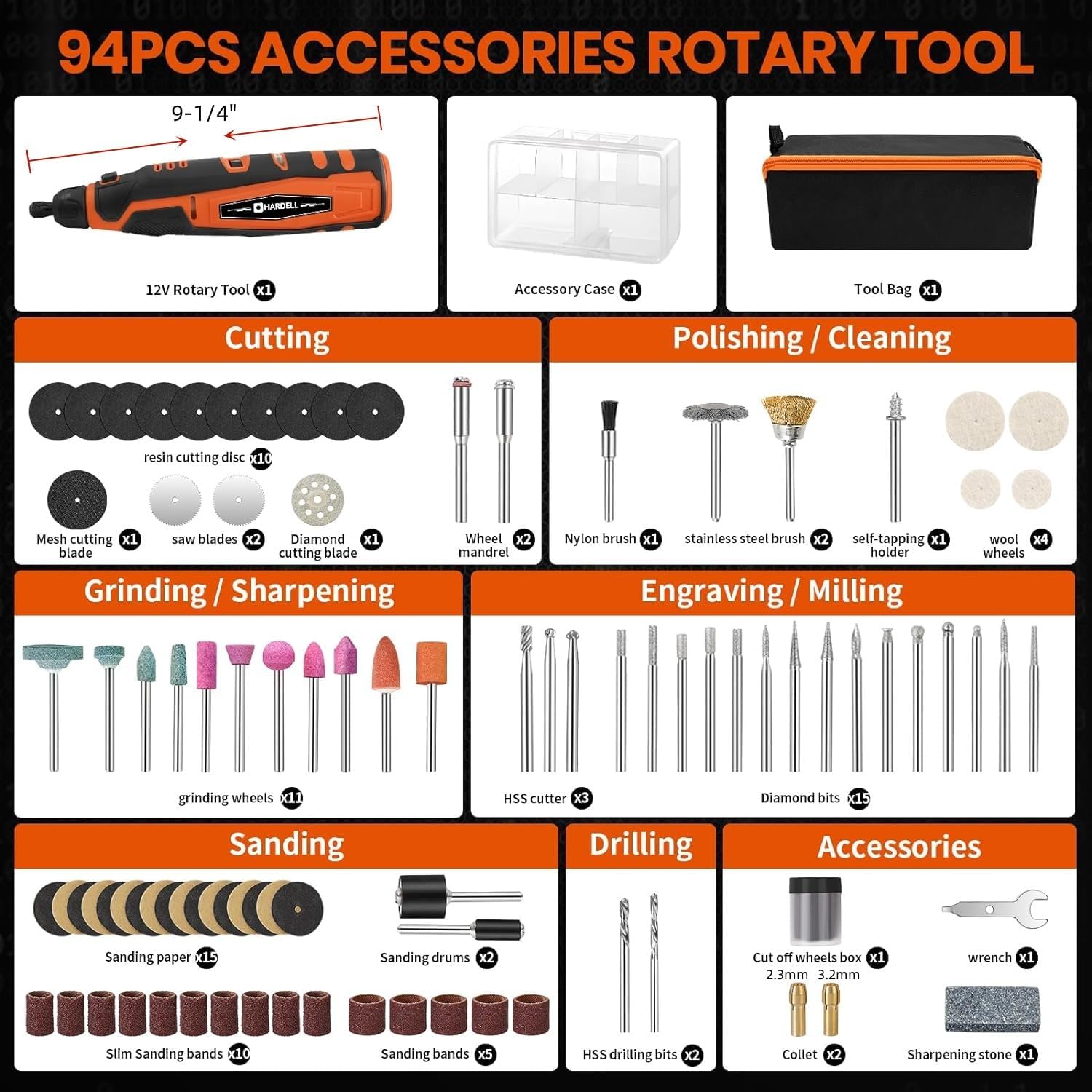 HARDELL rotary tool 6 speeds dial enables adaptable control for wood, plastic, and metal tasks.