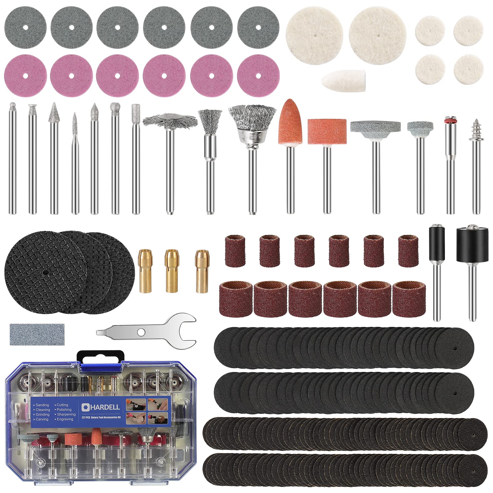 HARDELL rotary tool case with 227-piece kit for easy organization.