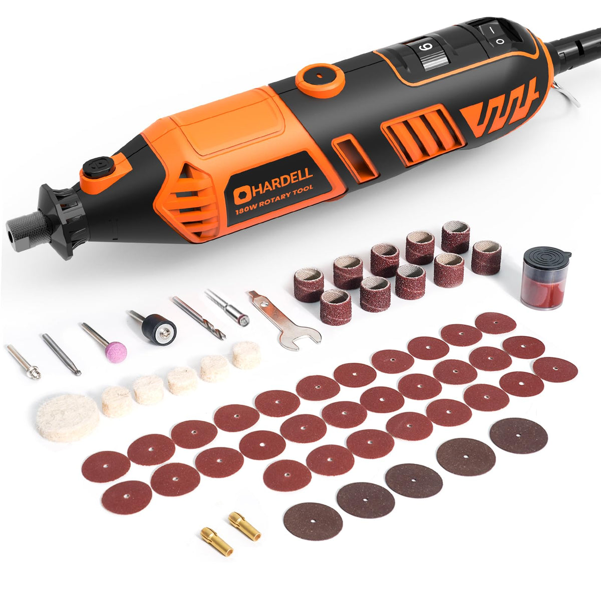 HARDELL rotary tool front view highlighting the 180W motor for demanding DIY projects
