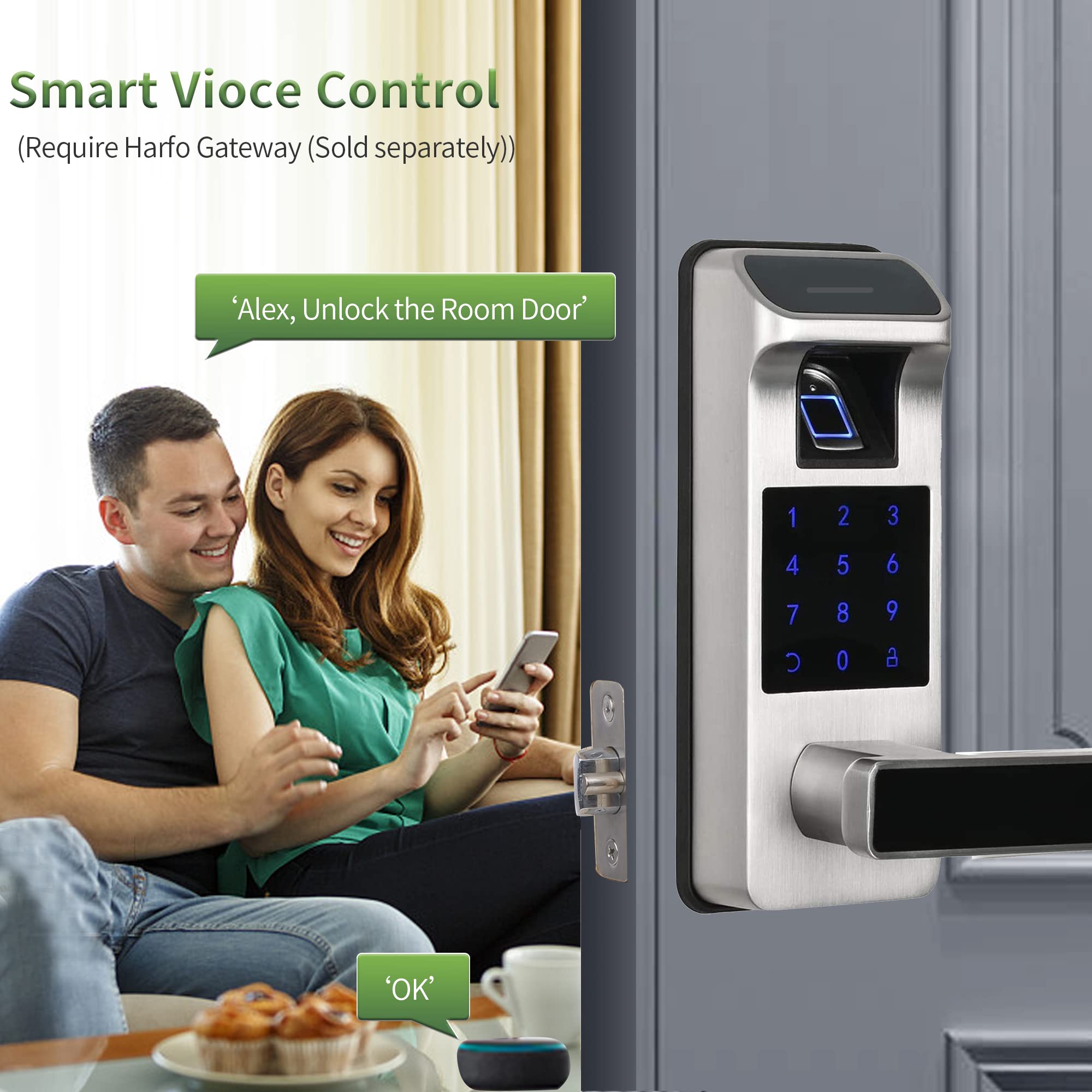 HARFO Smart Door Lock app control scene for remote management via mobile device.