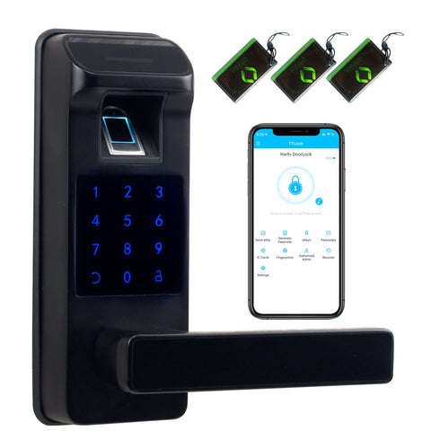 Harfo Smart Door Lock front view in sleek black finish for modern entrances
