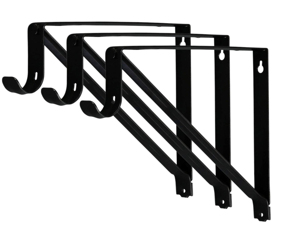 Harrier Hardware premium bracket closeup in black showing solid build for secure shelves