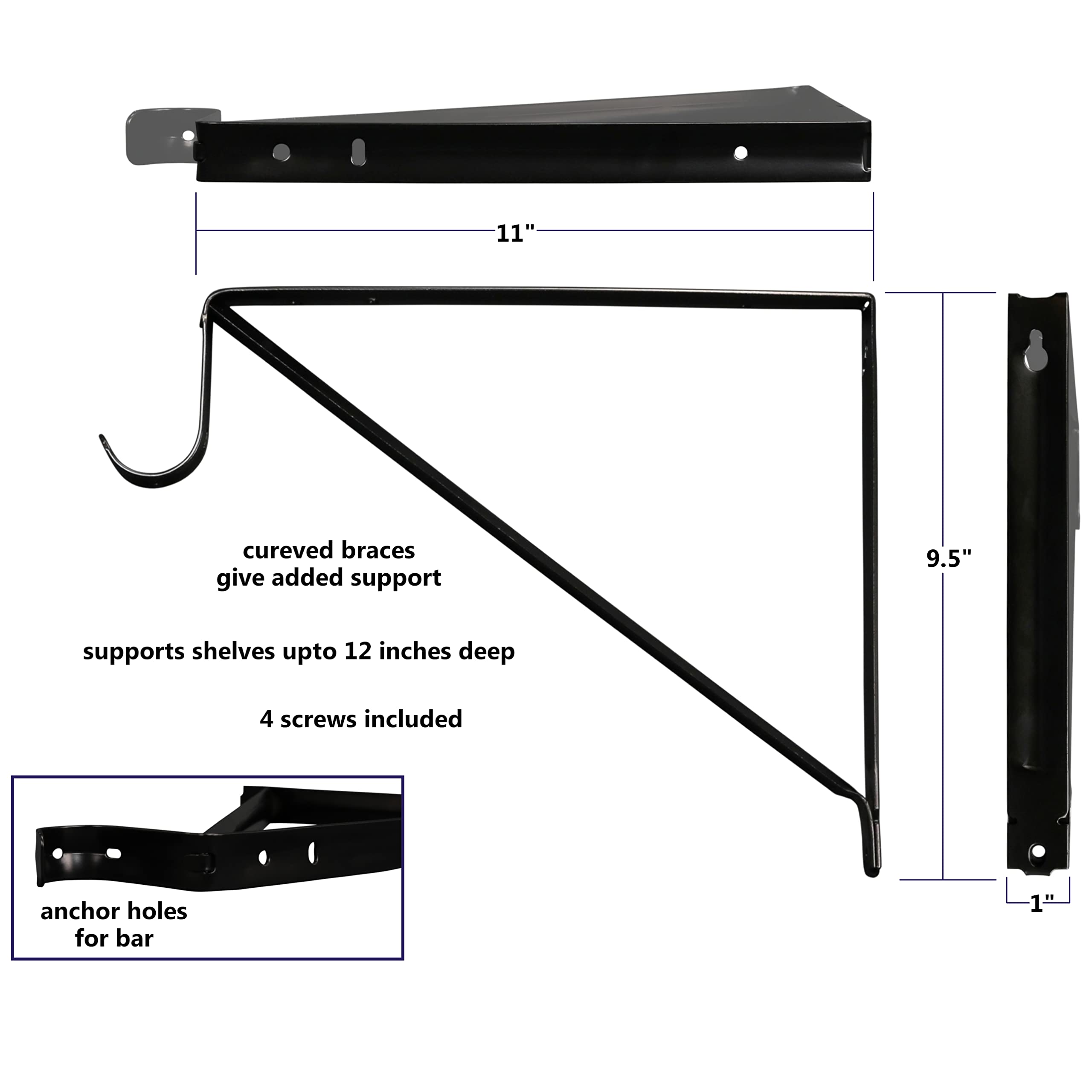 Harrier Hardware shelf support angled view in black highlighting durable crossbars