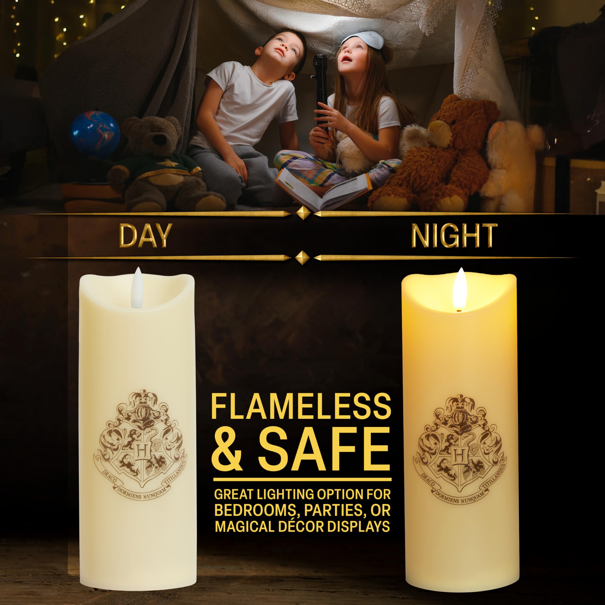 Harry Potter flameless LED candle offers safe ambiance for kids' rooms.