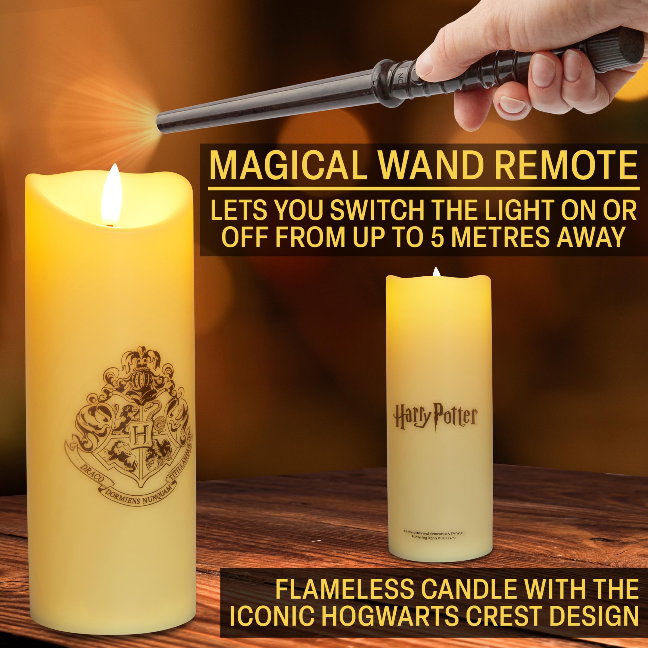 Harry Potter Hogwarts crest display decorates shelves with magical appeal.