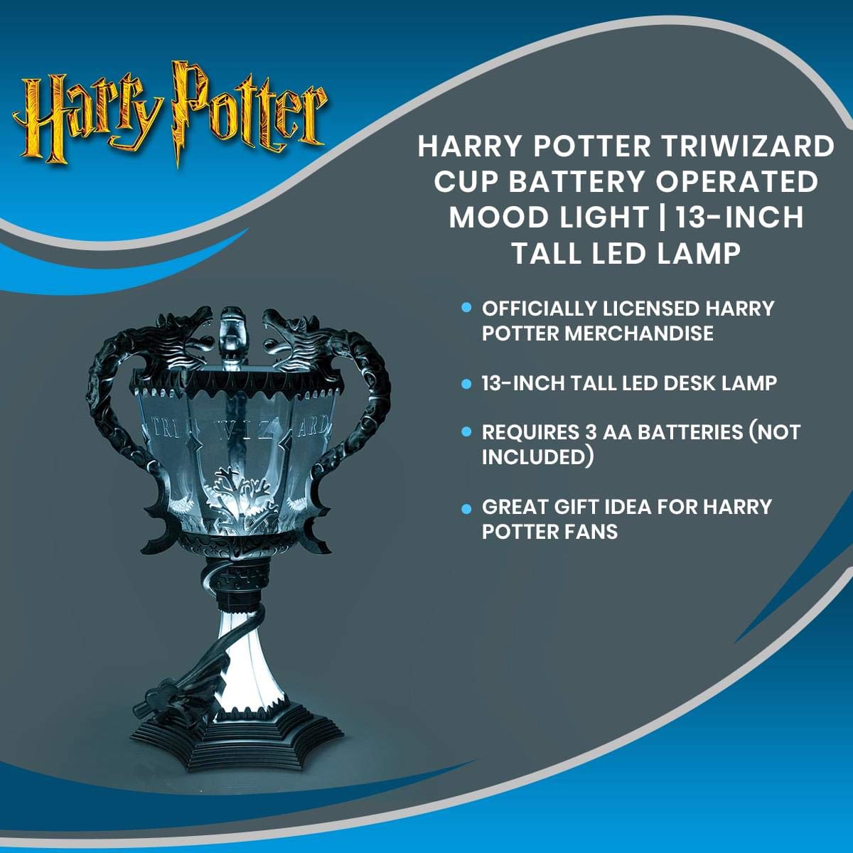 Harry Potter Triwizard Cup collectible lamp, illuminated display even when off.