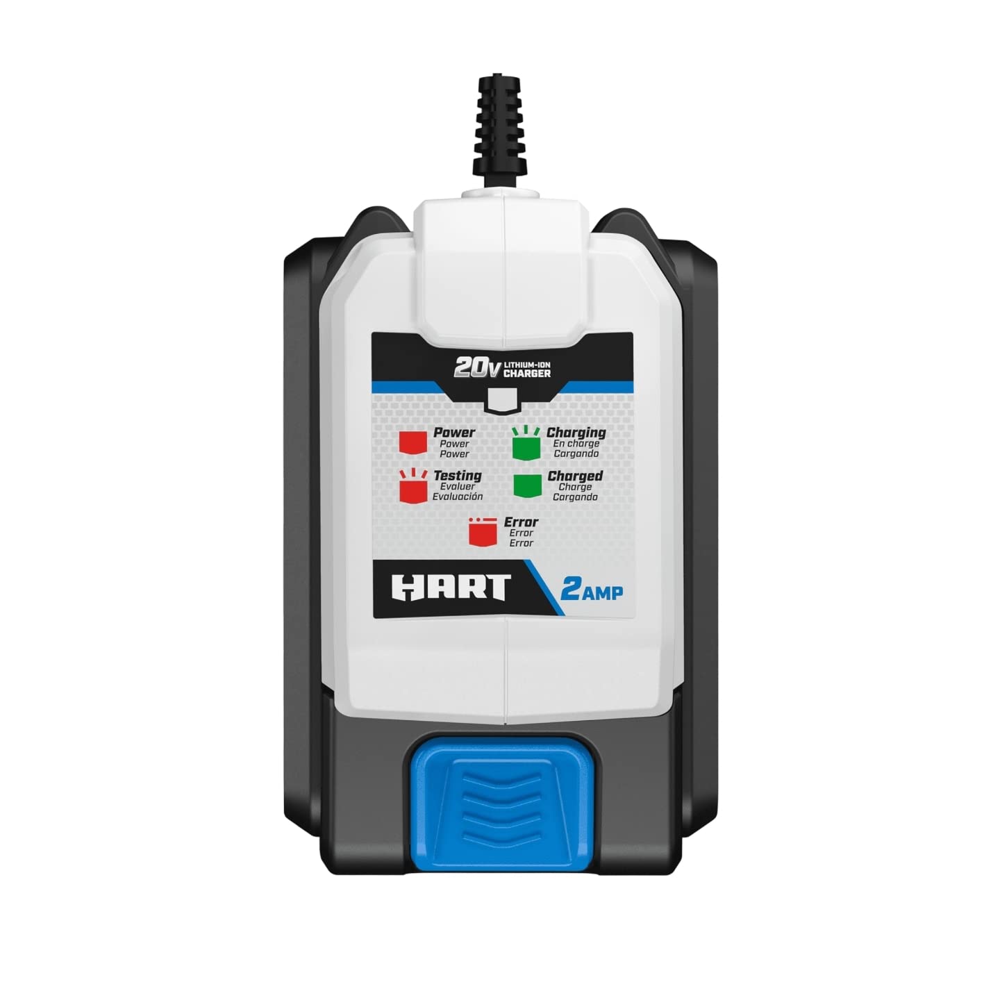 Hart 20V fast charger in black and white demonstrates versatile setup.