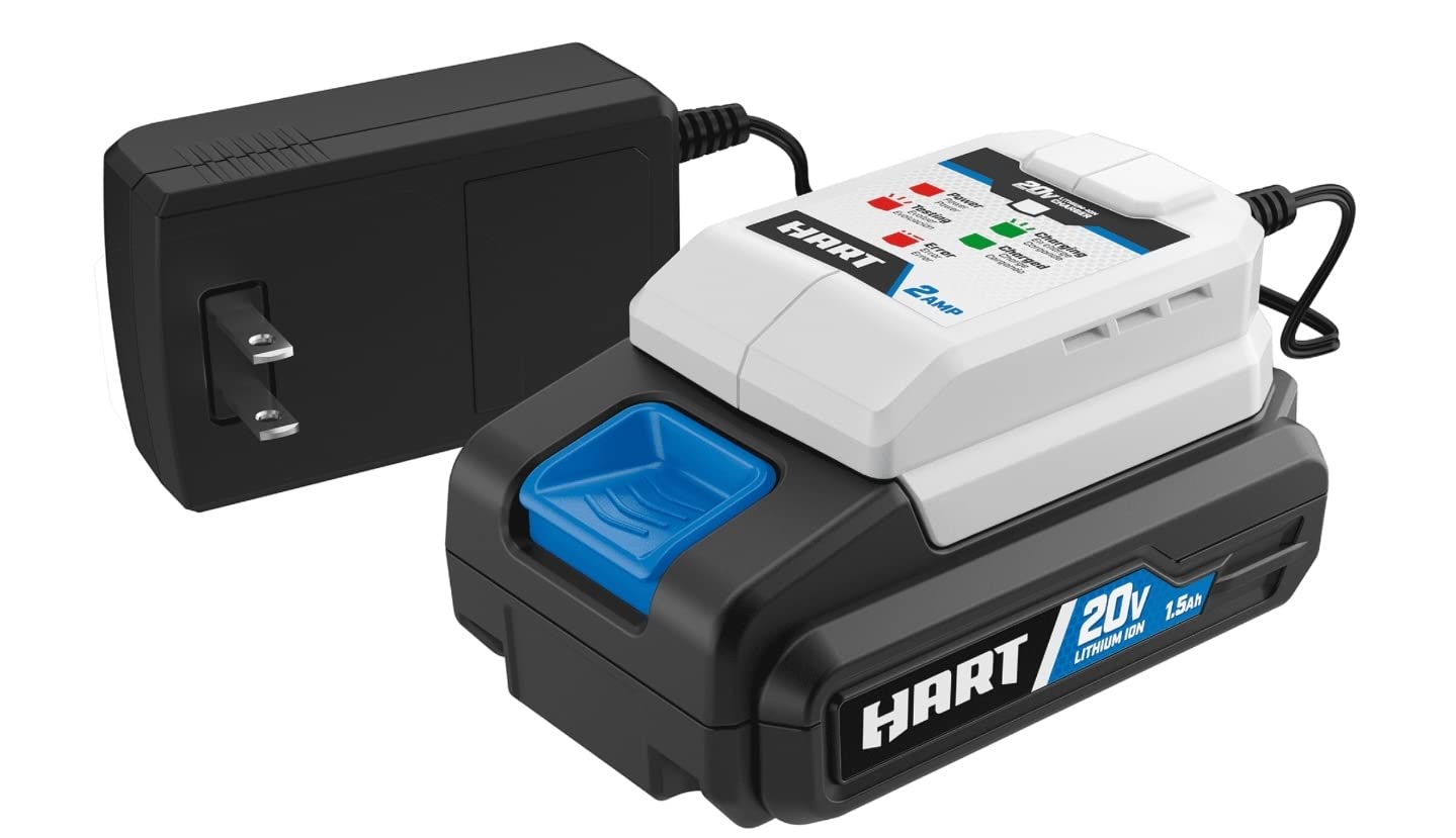 Hart 20V fast charger side view highlights compatibility with all Hart 20V batteries.