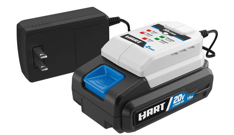 Hart 20V fast charger side view highlights compatibility with all Hart 20V batteries.