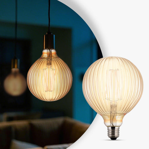Harwez amber globe G125 LED bulb for warm, inviting ambient lighting in living spaces.