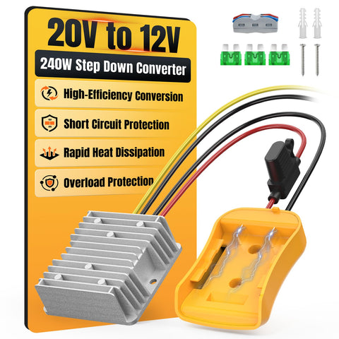 Haseed 20V to 12V converter fits DeWalt batteries for stable 12V power