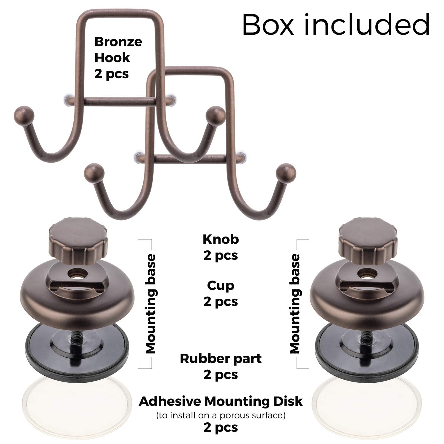 Two-pack bronze finish HASKO suction hooks for stylish storage
