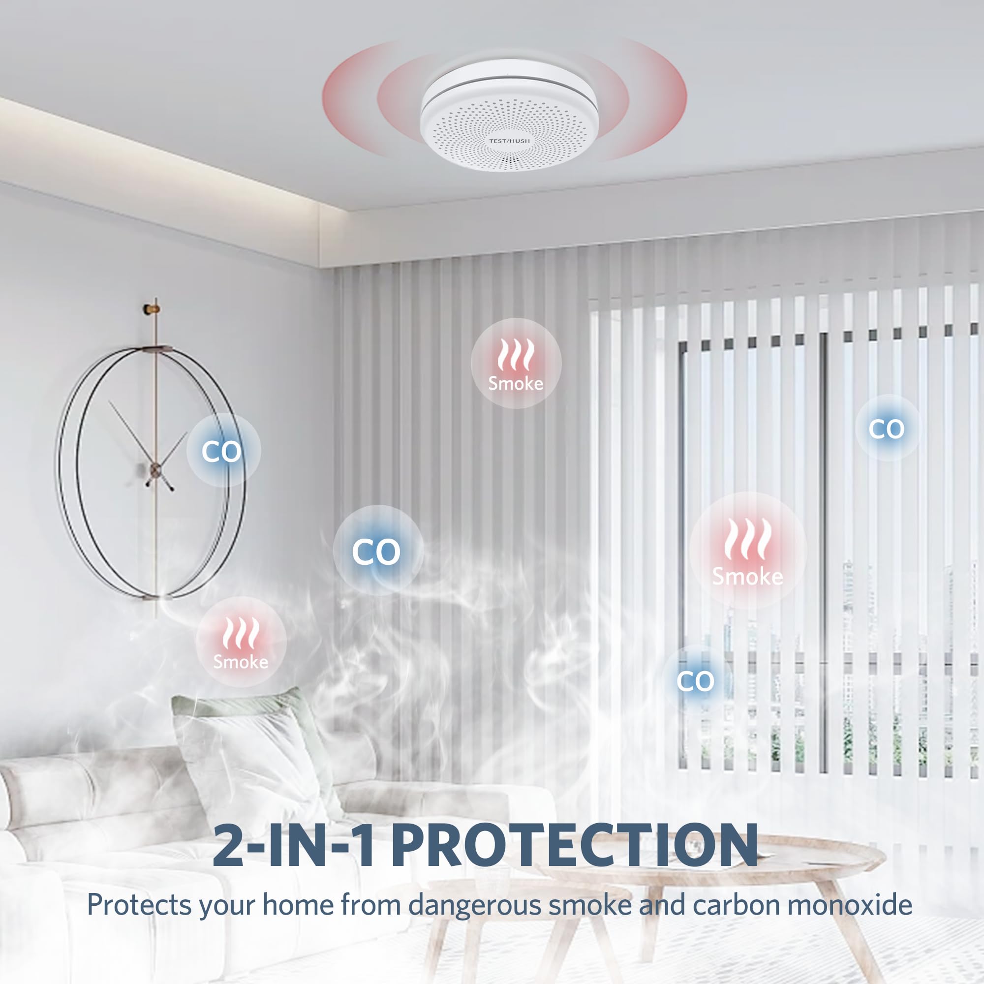 HATHEPHS Smoke & CO Detector top-button view illustrates easy test and mute.