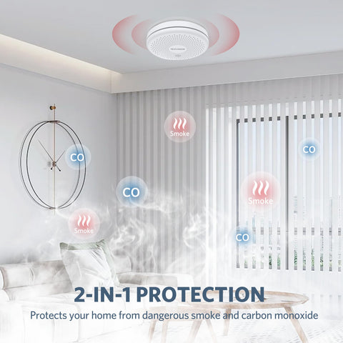 HATHEPHS Smoke & CO Detector top-button view illustrates easy test and mute.