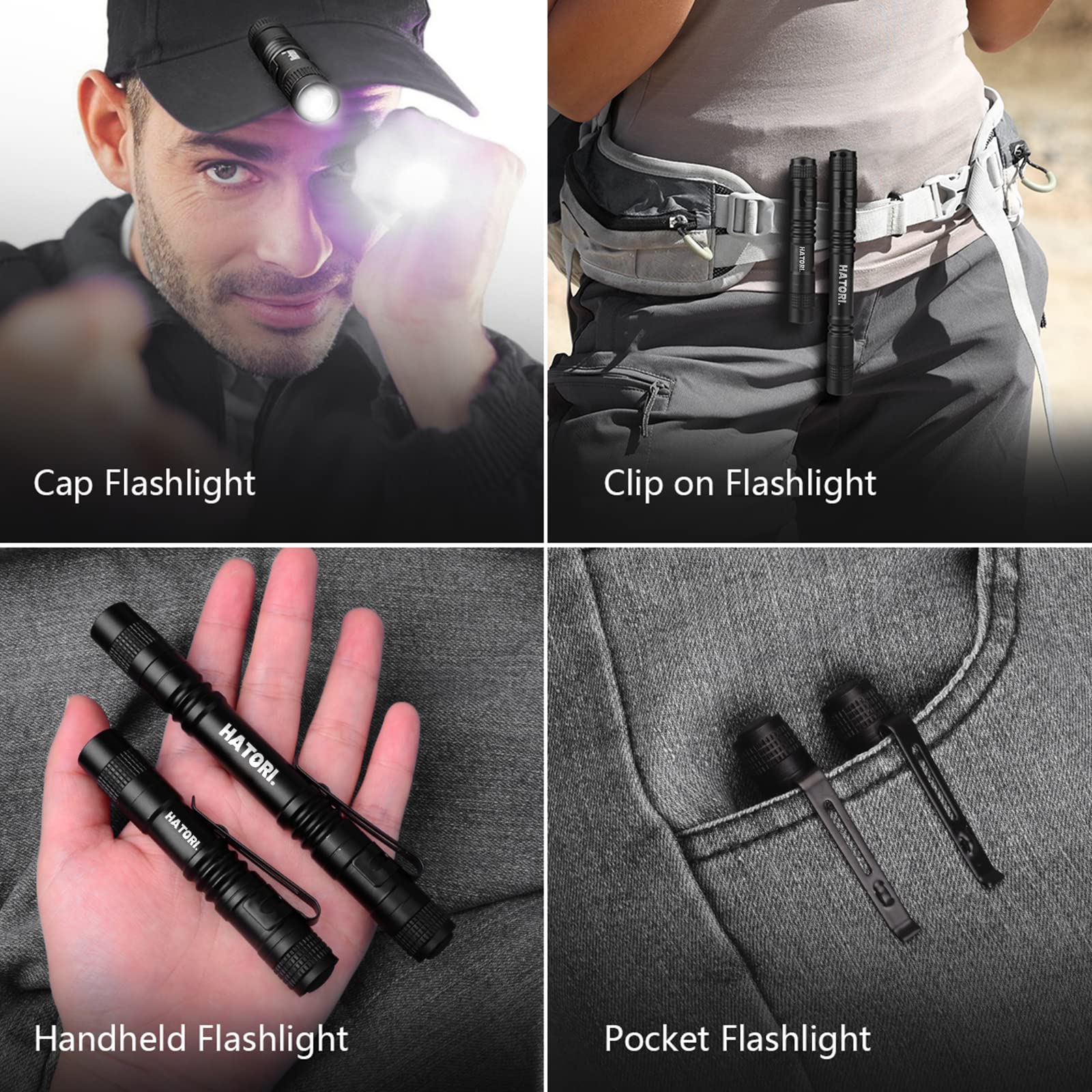 HATORI LED Mini Flashlight camping scene illustrates reliable light in darkness.