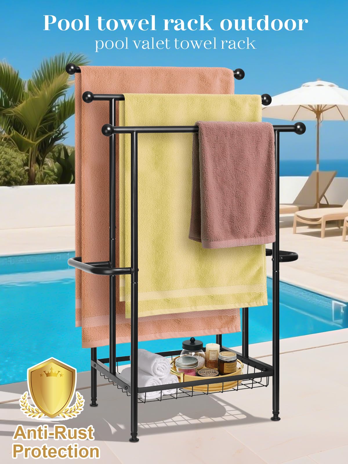 Haturi outdoor towel rack in matte black ideal for poolside use