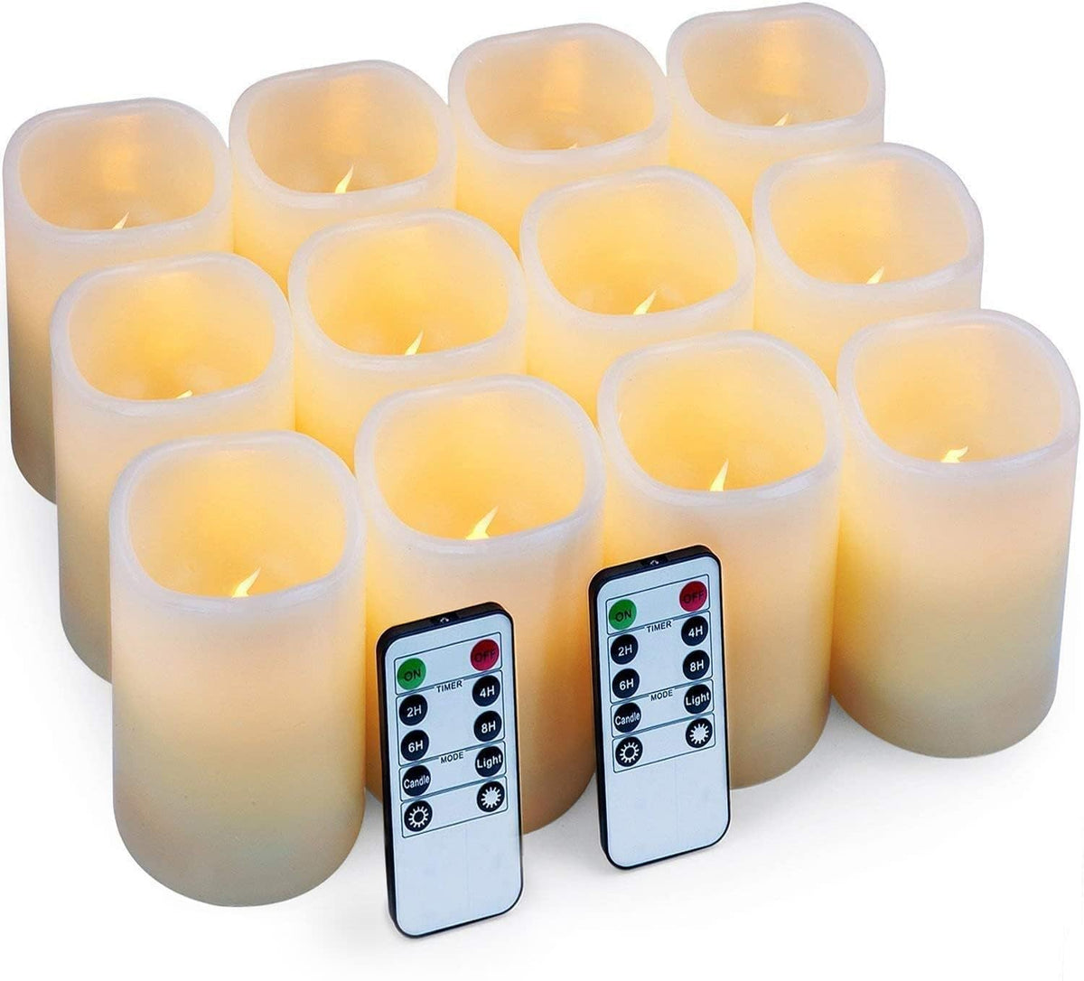 Hausware flameless ivory pillar candles illuminate a table with ambient glow.