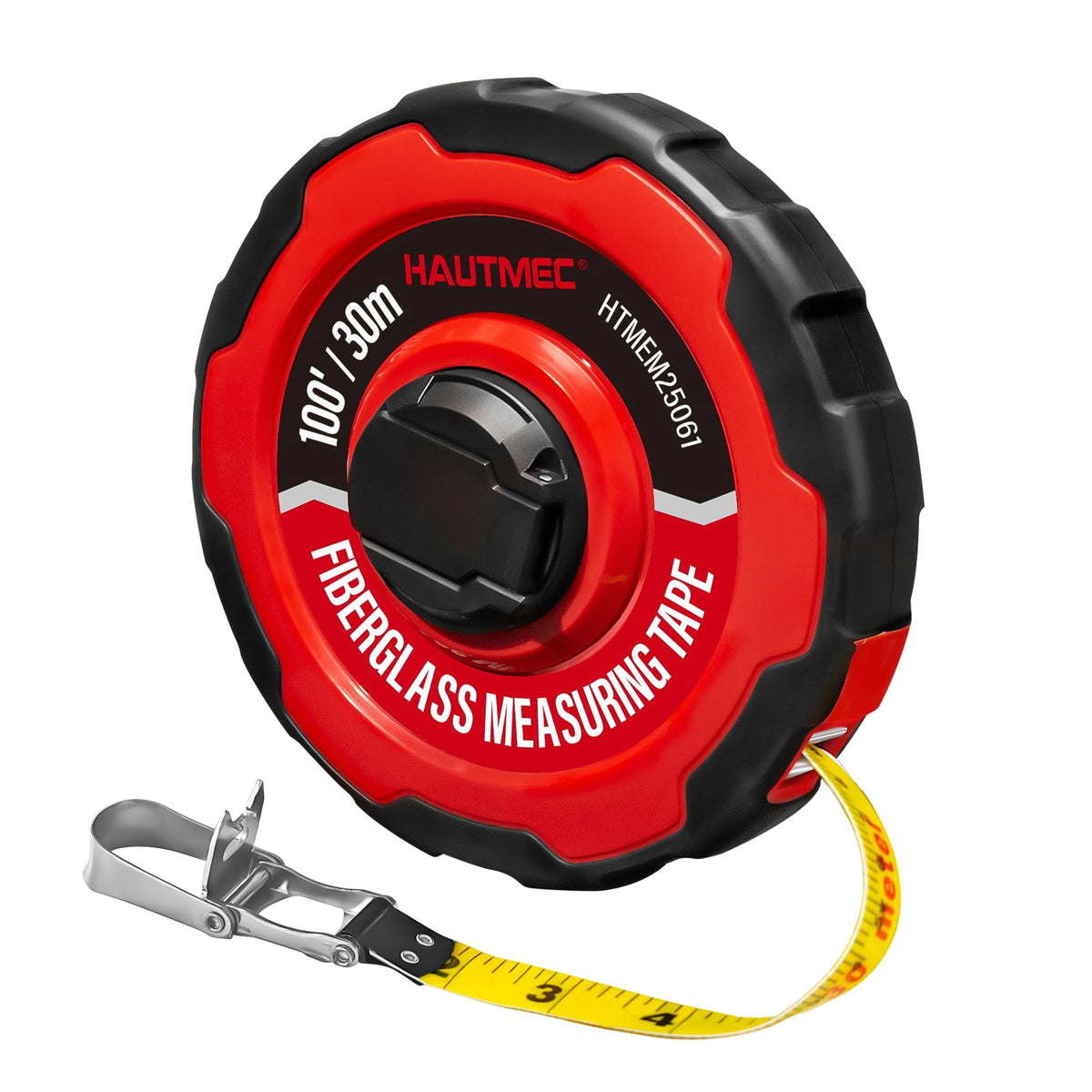 HAUTMEC 100ft tape measure with end hook for secure single-handed use and accuracy