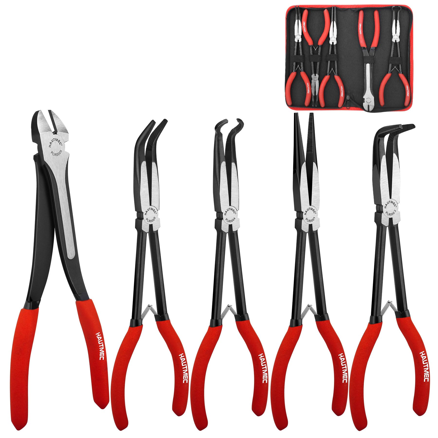 HAUTMEC 11-inch needle nose pliers set for precise grip in tight spaces.