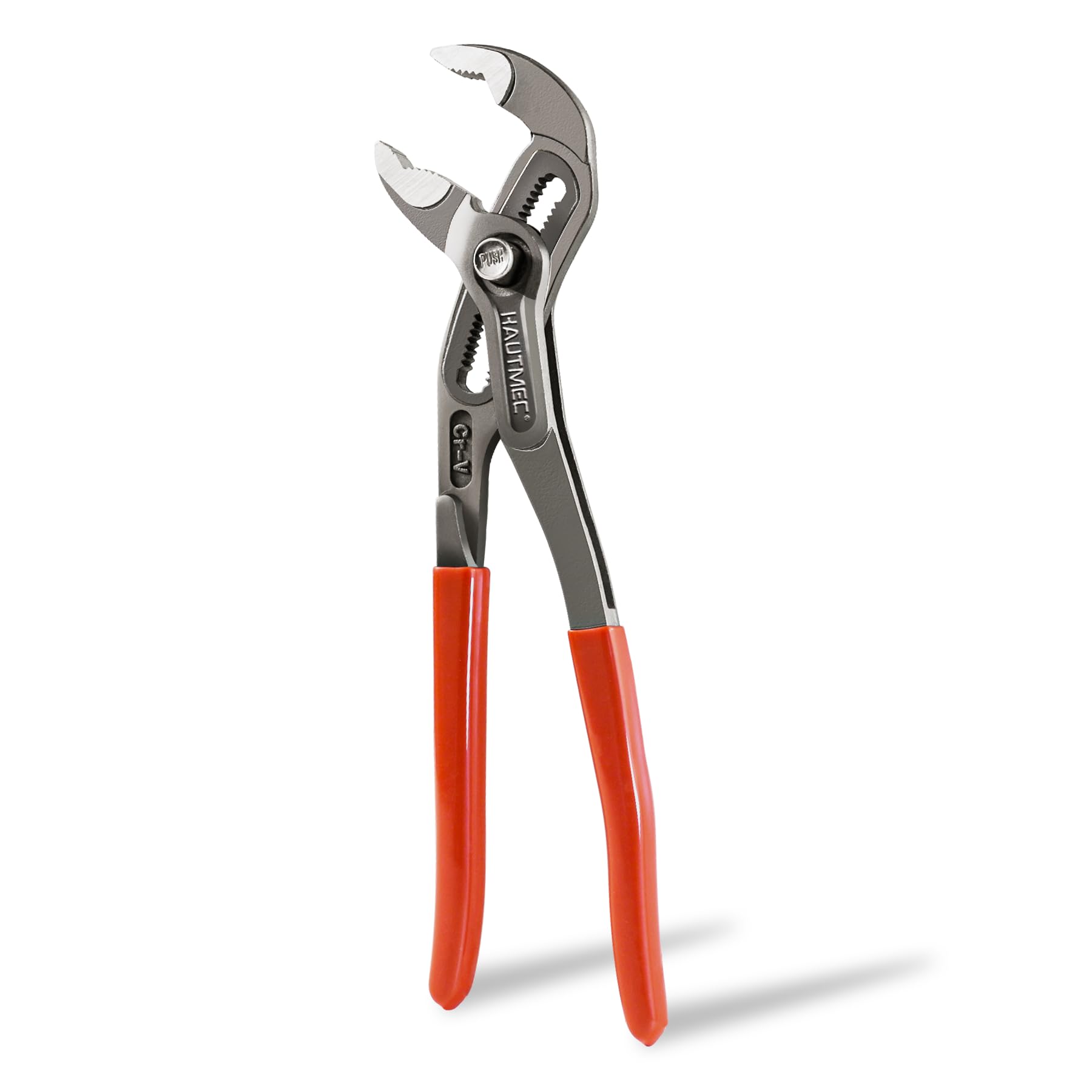 HAUTMEC 12-Inch Water Pump Pliers with quick adjustment button for precise grip changes.