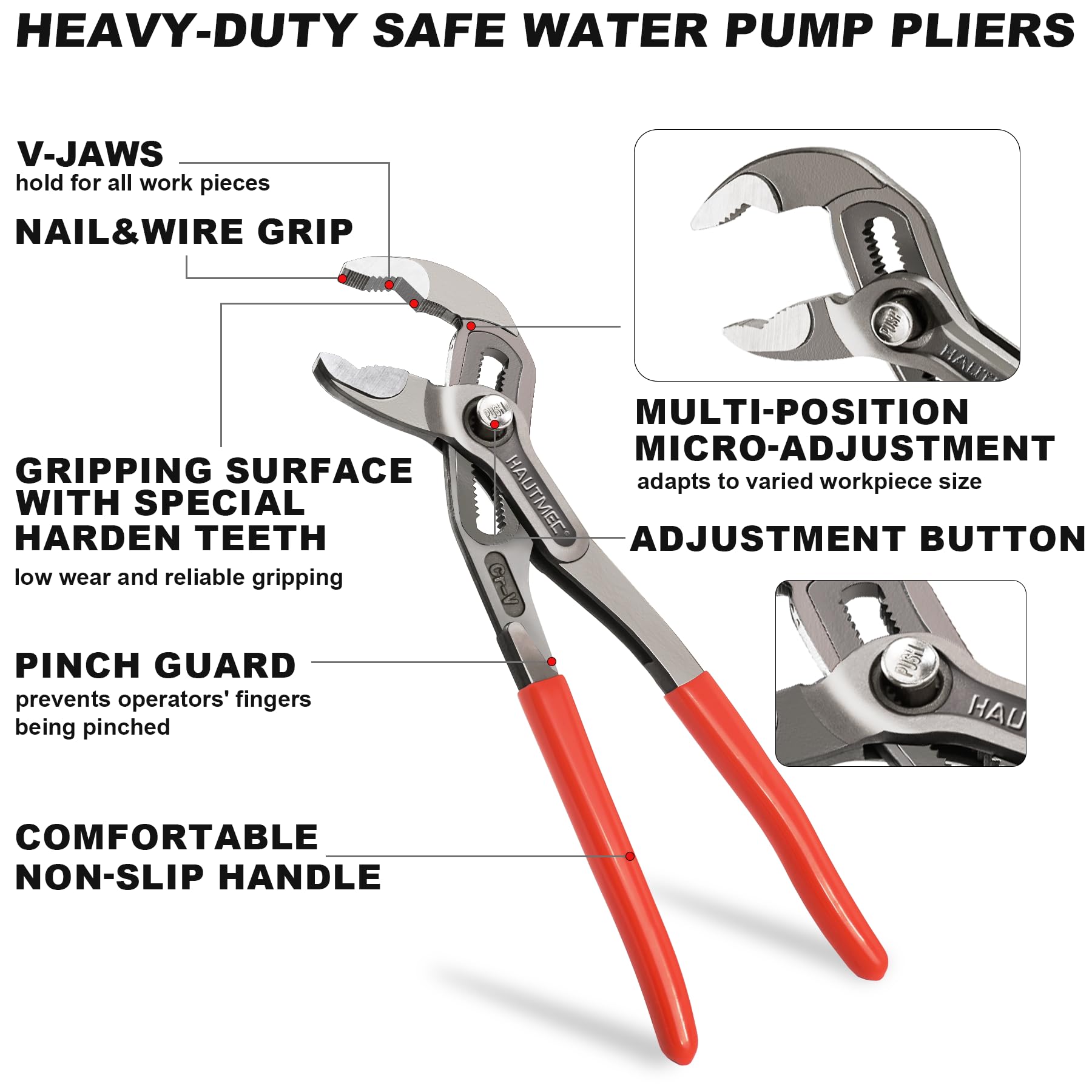 HAUTMEC pliers showing large jaw capacity for diverse fittings and pipes.