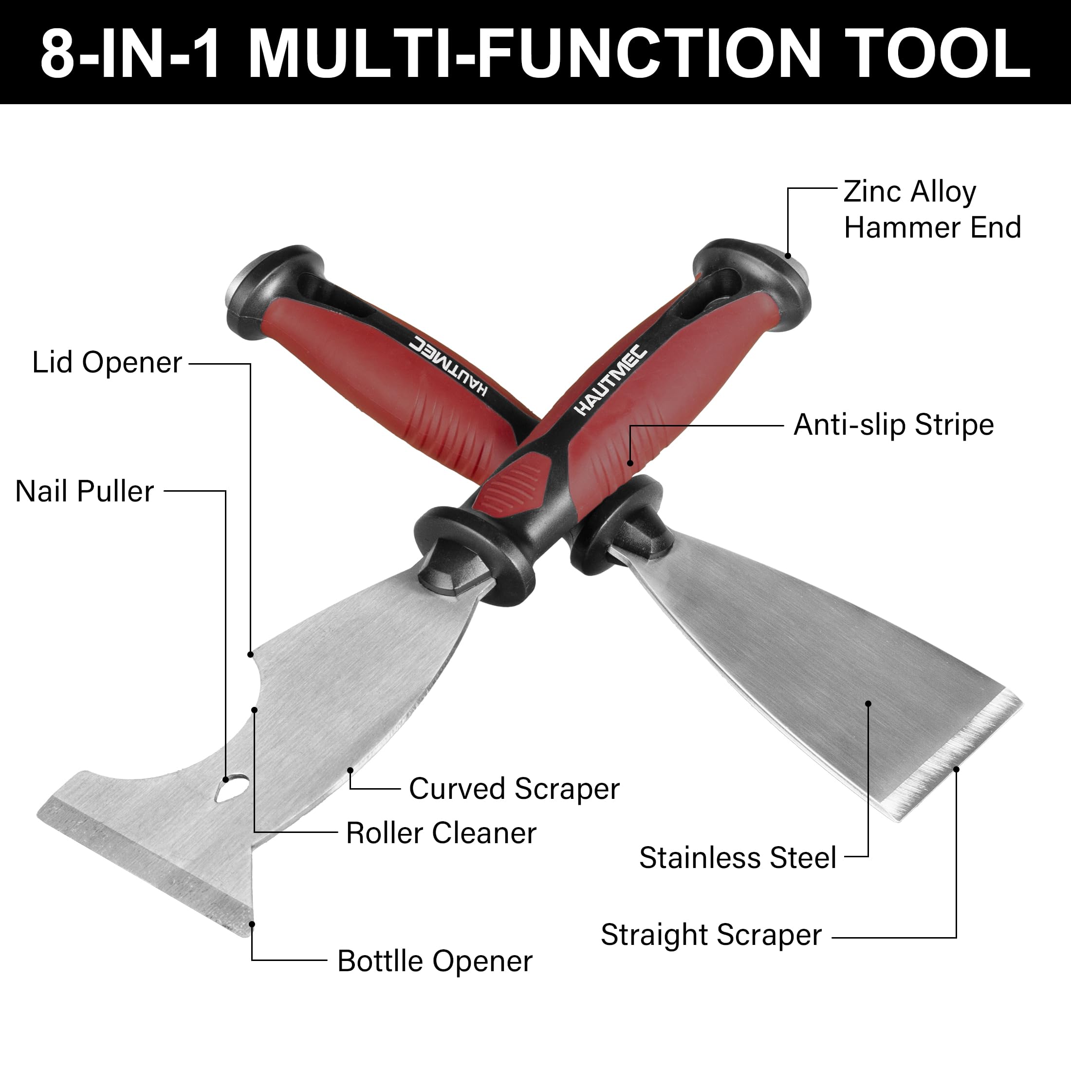 HAUTMEC 8-in-1 stripper tool for peeling paint and adhesive removal on multiple surfaces.