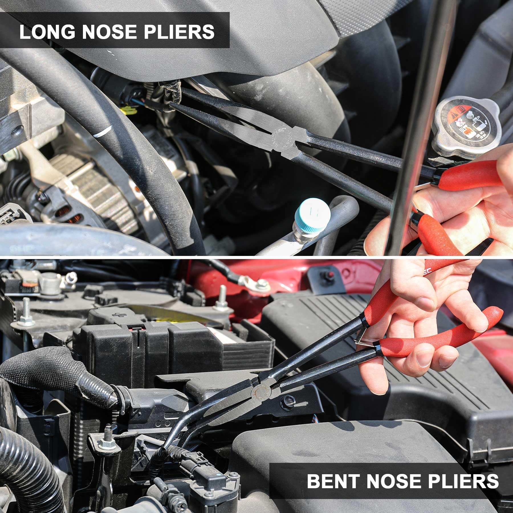 HAUTMEC 90-degree bent nose pliers access tight corners.